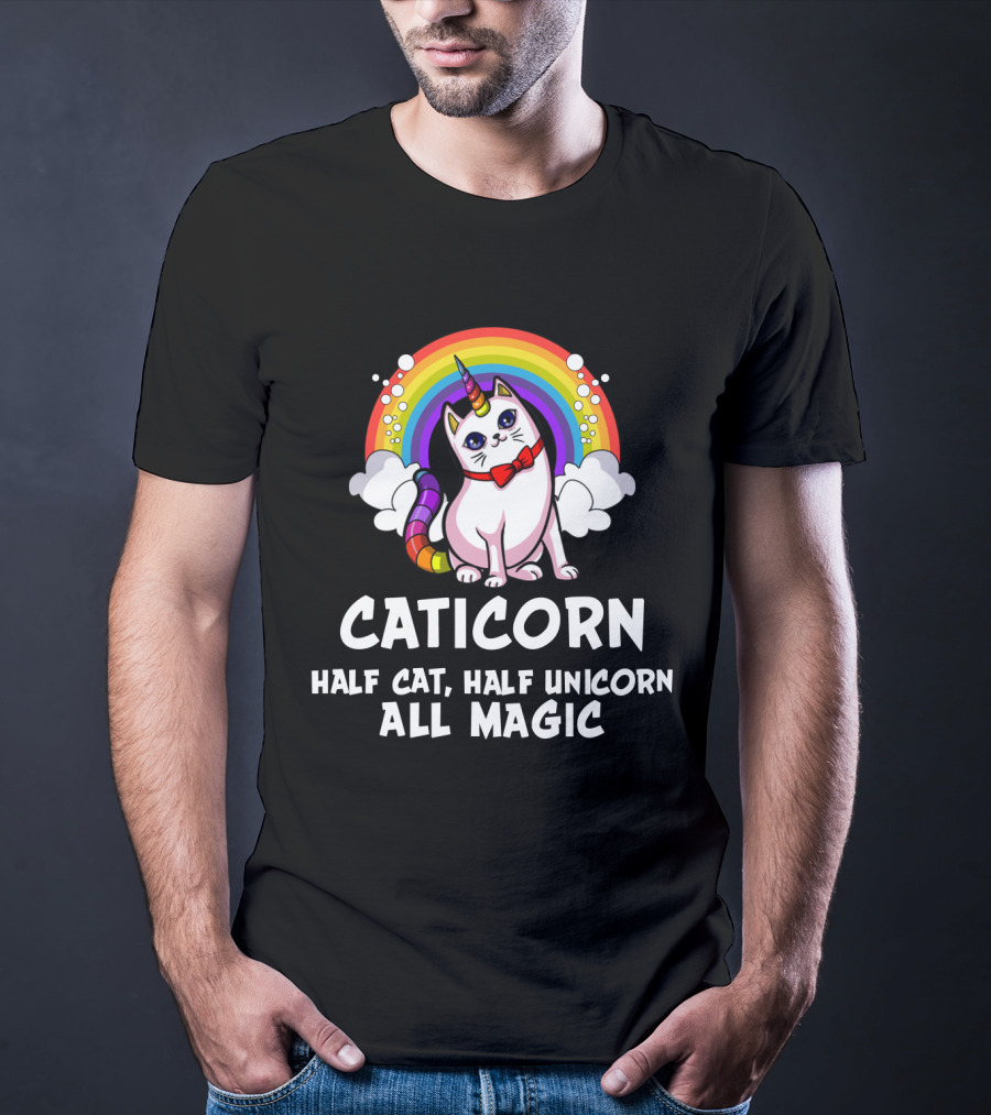 Caticorn Half Cat Half Unicorn All Magic Rainbow Bow Magic T-Shirt