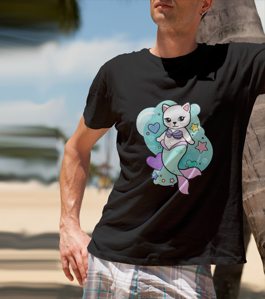 Barbiecore Pretty Purrmaid Pastel Cute Cat Mermaid Bubbles Hearts Stars T-Shirt