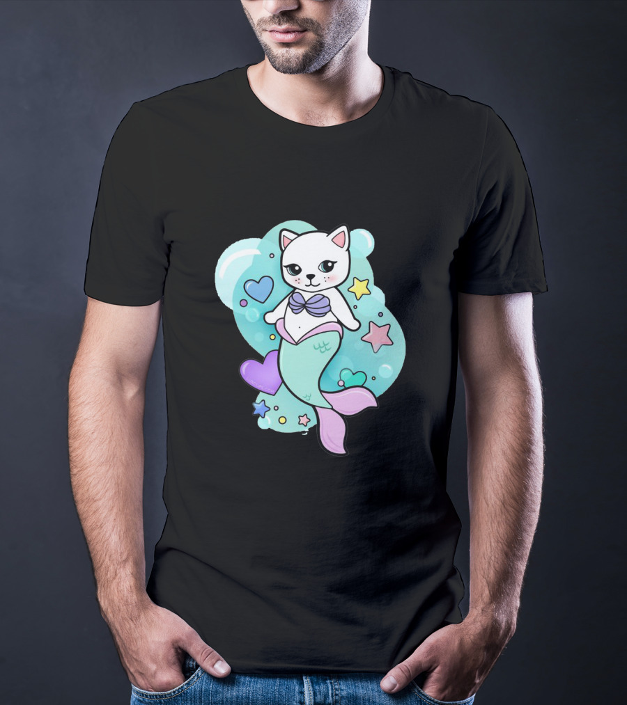 Barbiecore Pretty Purrmaid Pastel Cute Cat Mermaid Bubbles Hearts Stars T-Shirt