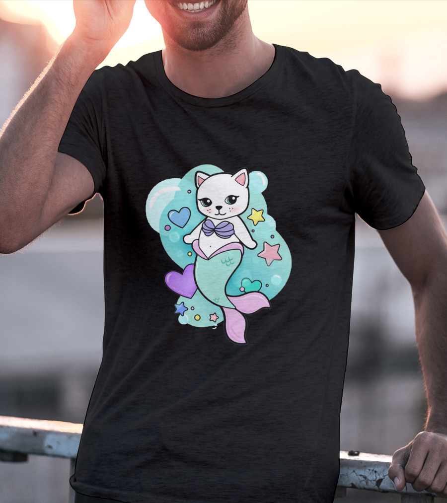 Barbiecore Pretty Purrmaid Pastel Cute Cat Mermaid Bubbles Hearts Stars T-Shirt