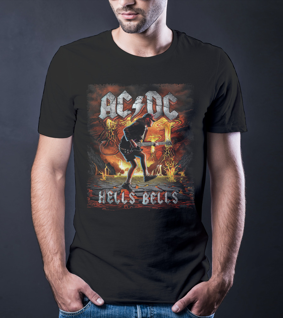 AC/DC Hells Bells Guitarist With Volcanic Eruption Background T-Shirt