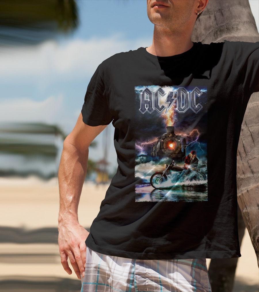 AC/DC Rock And Roll Train With Lightning And Motorbike Scene T-Shirt