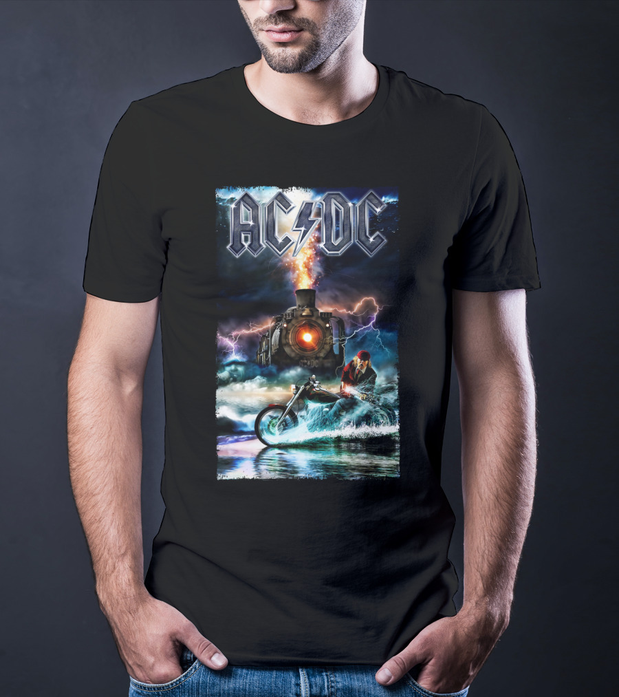 AC/DC Rock And Roll Train With Lightning And Motorbike Scene T-Shirt