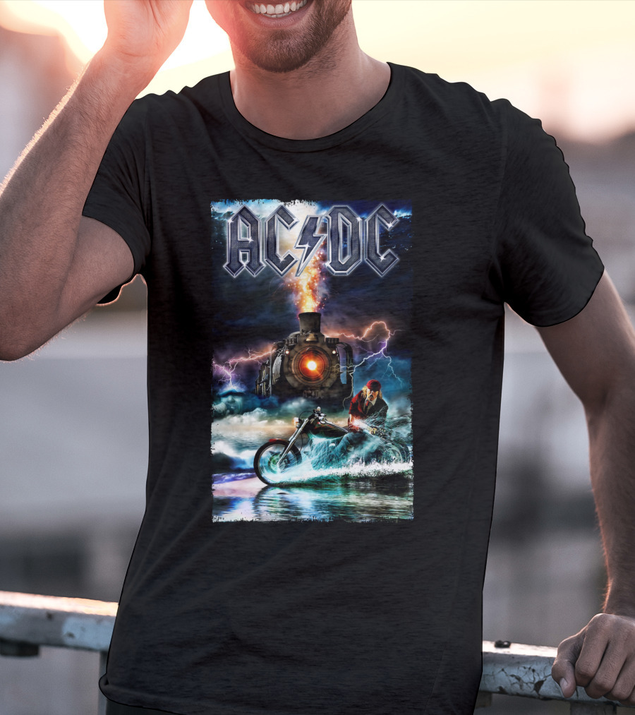AC/DC Rock And Roll Train With Lightning And Motorbike Scene T-Shirt
