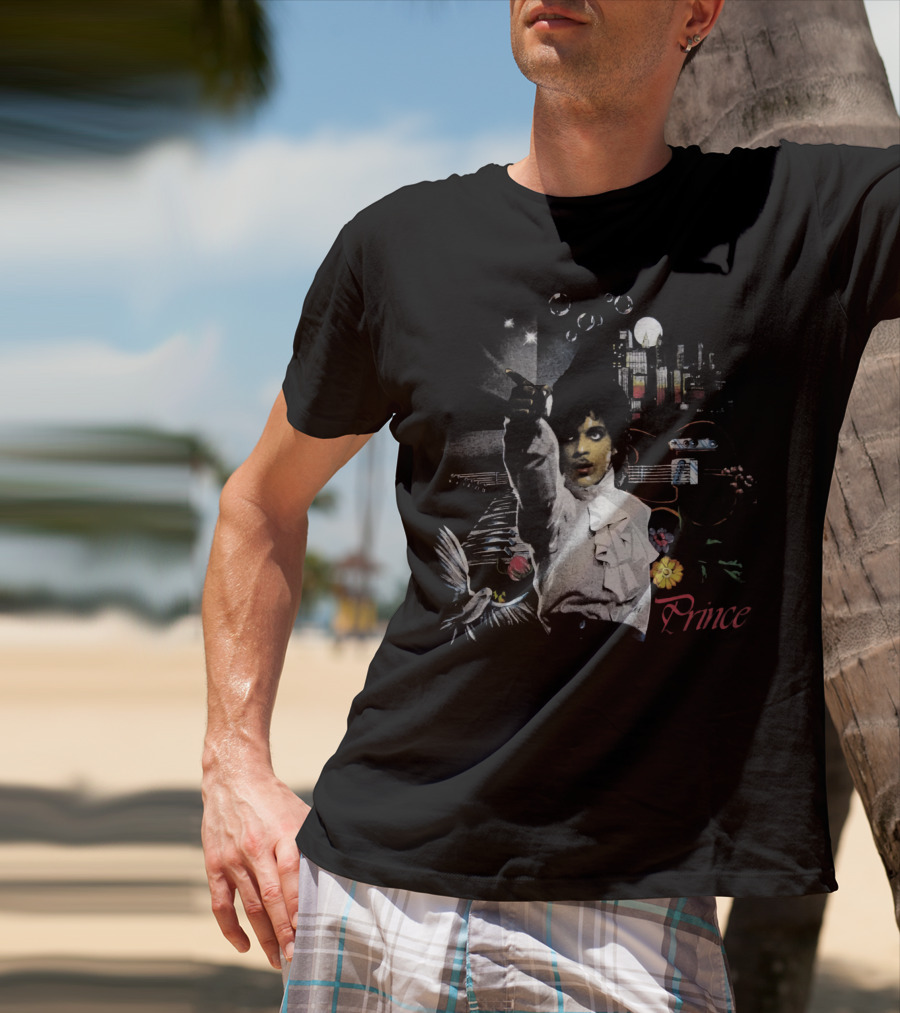 Prince Retro Iconic 1980s Music Legend With Guitar And City Skyline T-Shirt