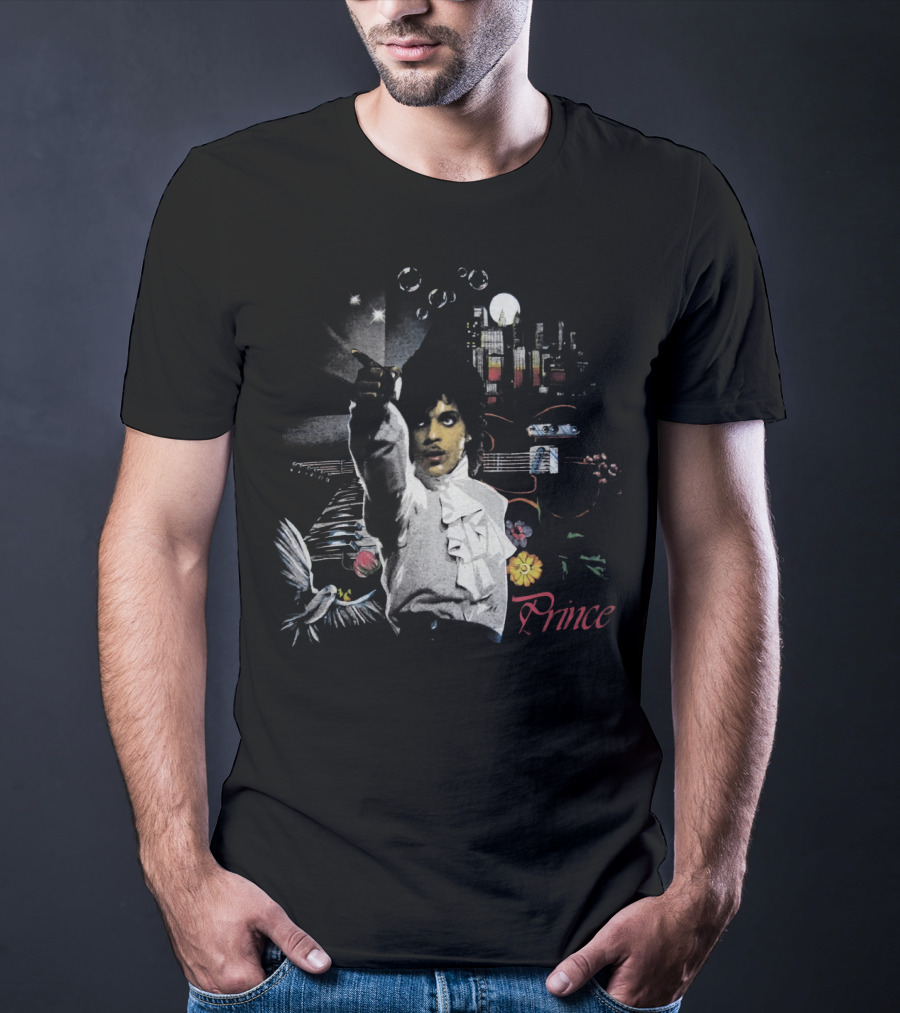 Prince Retro Iconic 1980s Music Legend With Guitar And City Skyline T-Shirt