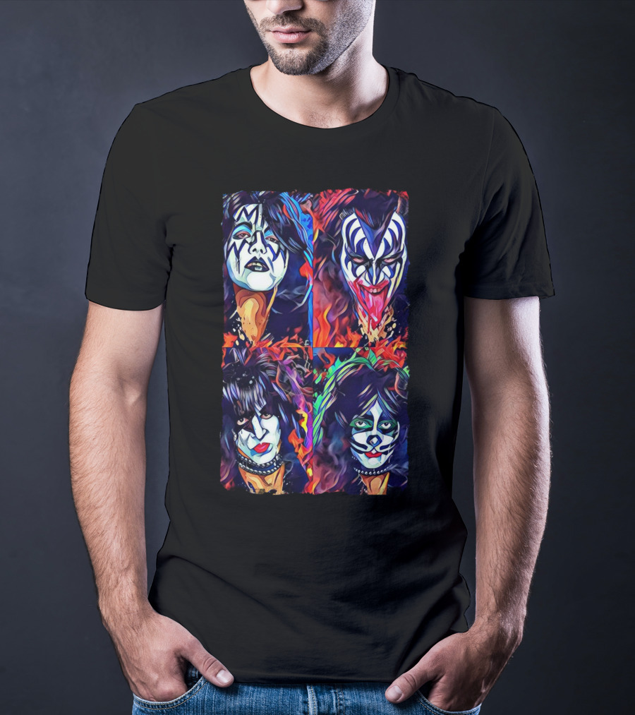 Kiss Band Iconic Face Paint Portraits Fiery Background T-Shirt