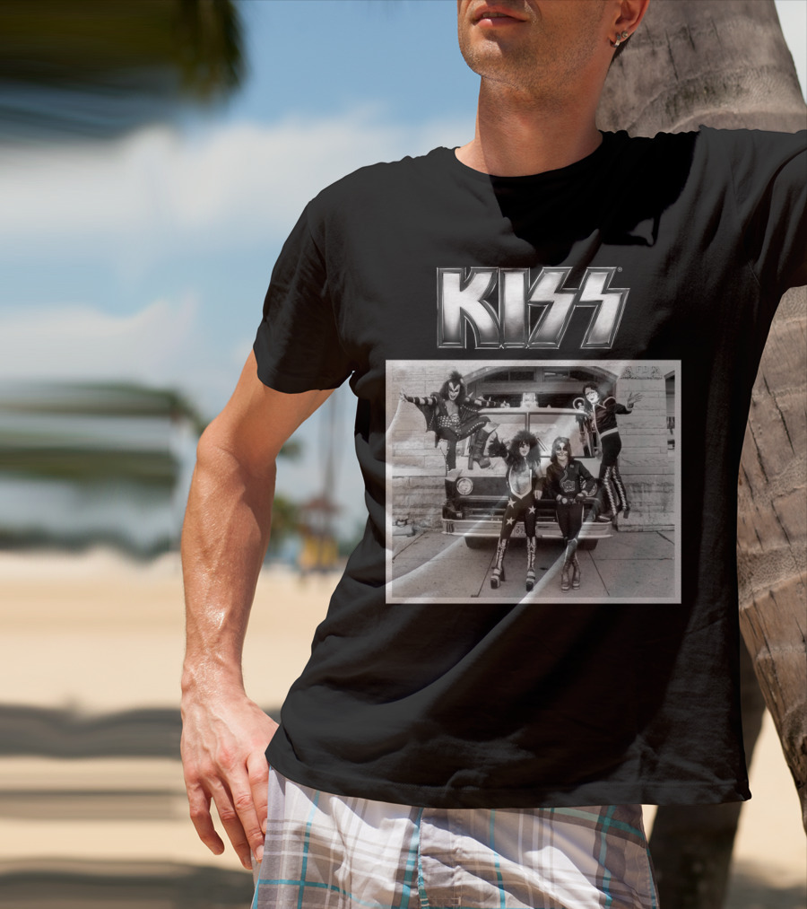 KISS Band On Cadillac With Logo Black And White Photograph T-Shirt