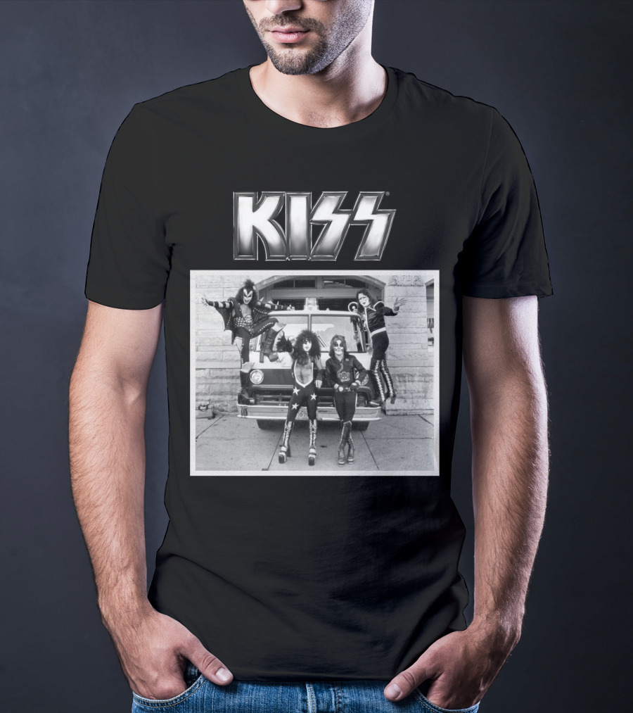 KISS Band On Cadillac With Logo Black And White Photograph T-Shirt