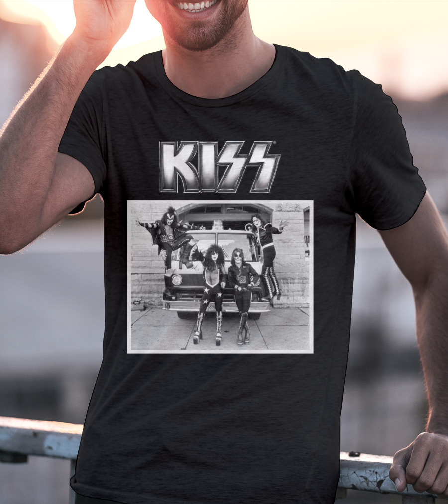 KISS Band On Cadillac With Logo Black And White Photograph T-Shirt