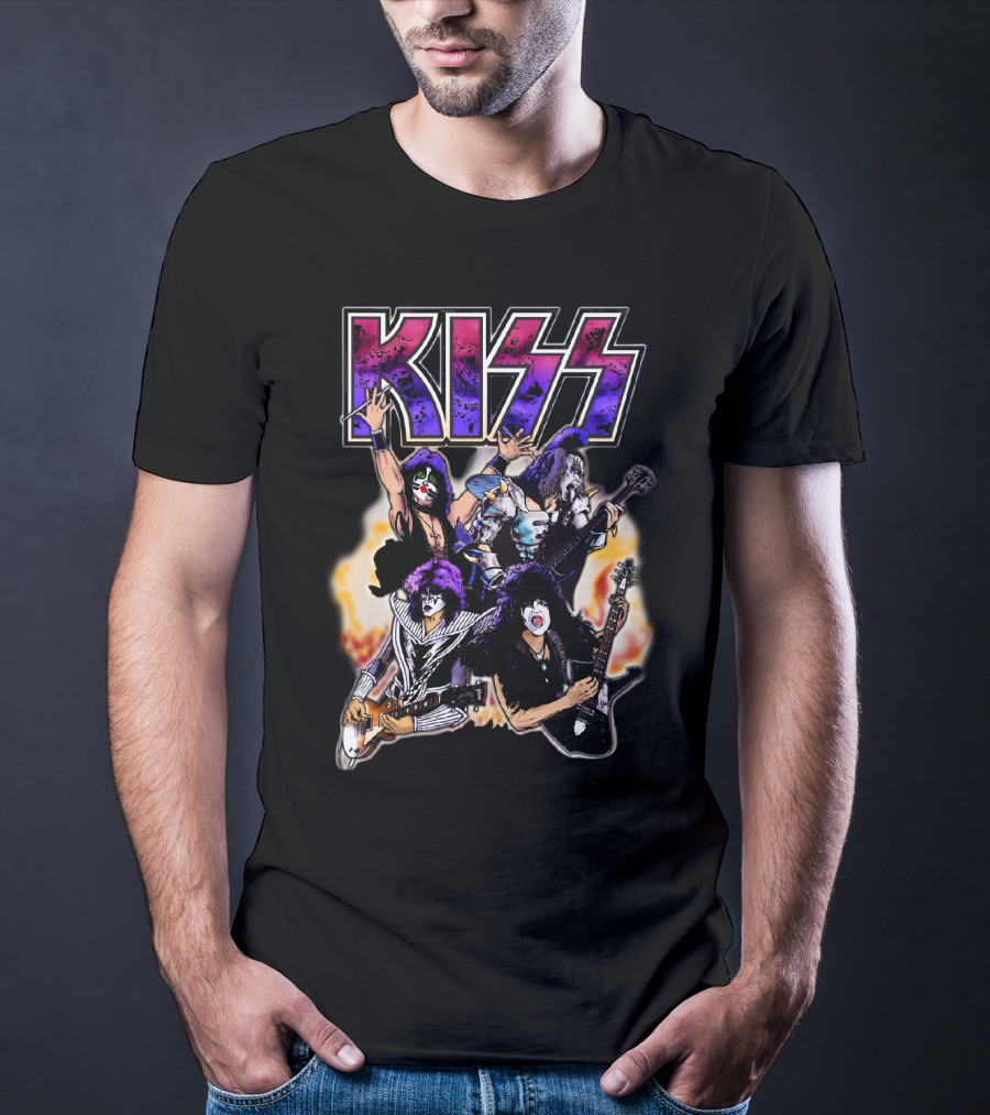 KISS Band Cartoon Graphic With Fire Background T-Shirt