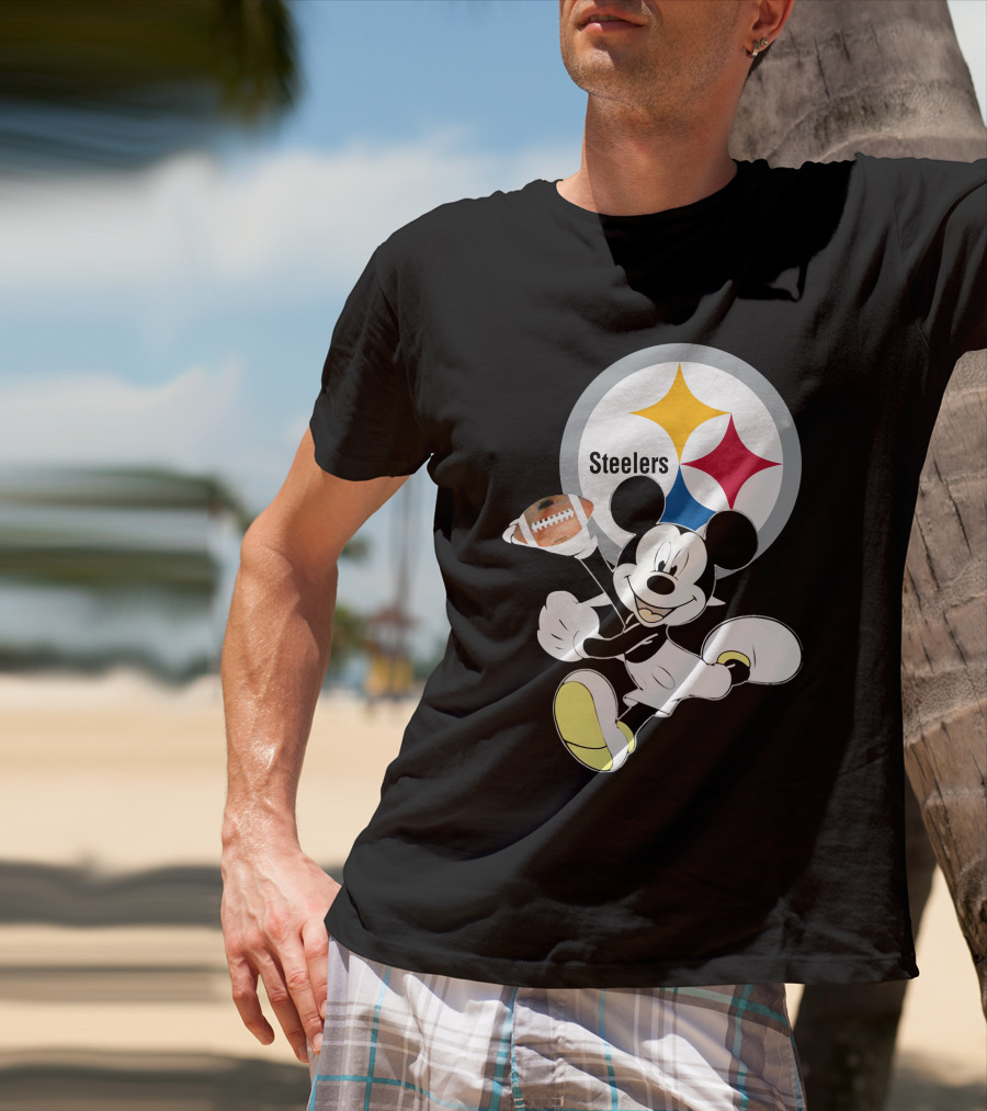 Mickey Mouse With Steelers Logo And Football T-Shirt
