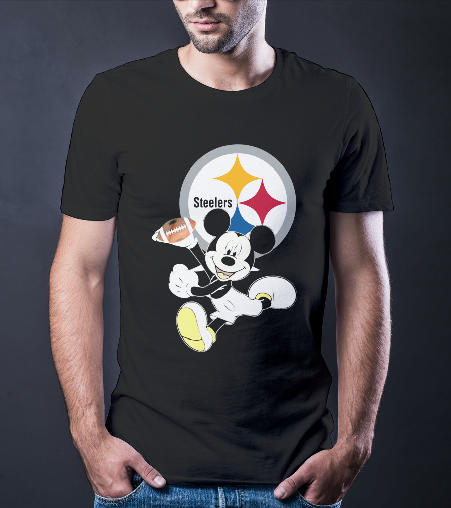 Mickey Mouse With Steelers Logo And Football T-Shirt