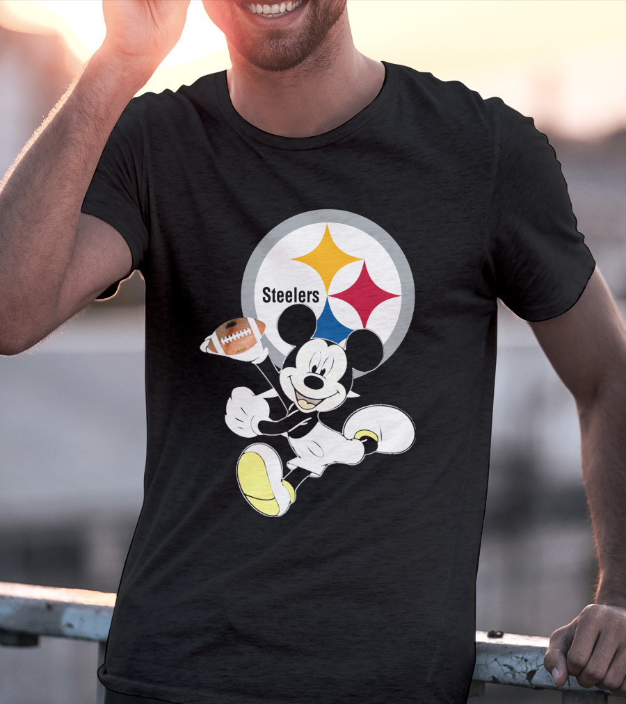 Mickey Mouse With Steelers Logo And Football T-Shirt