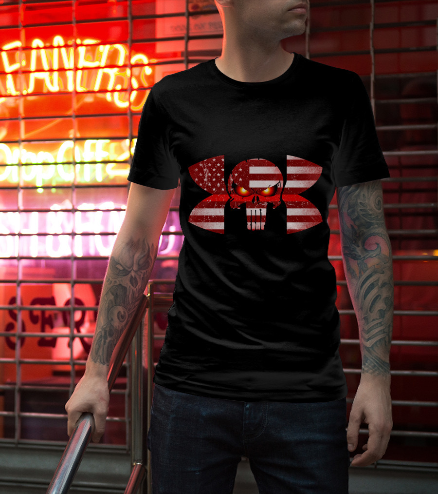 Firefighter Skull American Flag Under Armour Punisher Eyes T-Shirt
