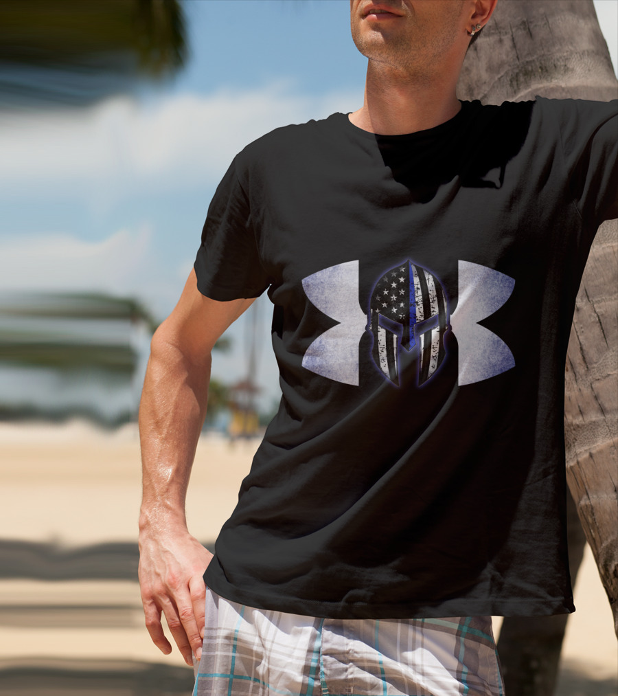 Thin Blue Line Spartan Helmet With American Flag And Tactical T-Shirt