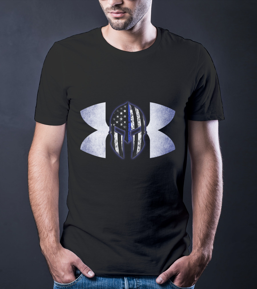 Thin Blue Line Spartan Helmet With American Flag And Tactical T-Shirt