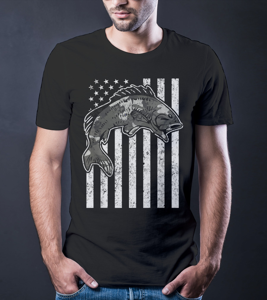 American Flag Camouflage Bass Fishing Mens T-Shirt