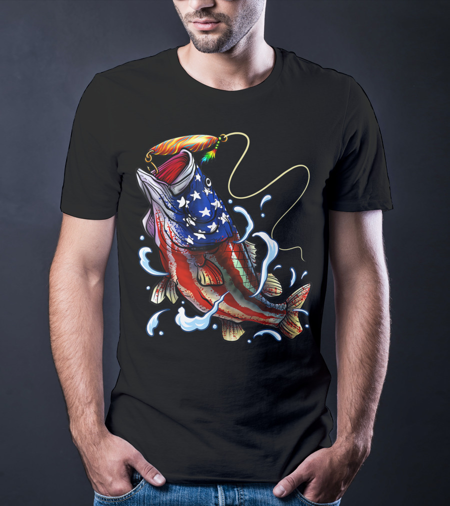 American Flag Bass Fishing Angler Dad Fish T-Shirt