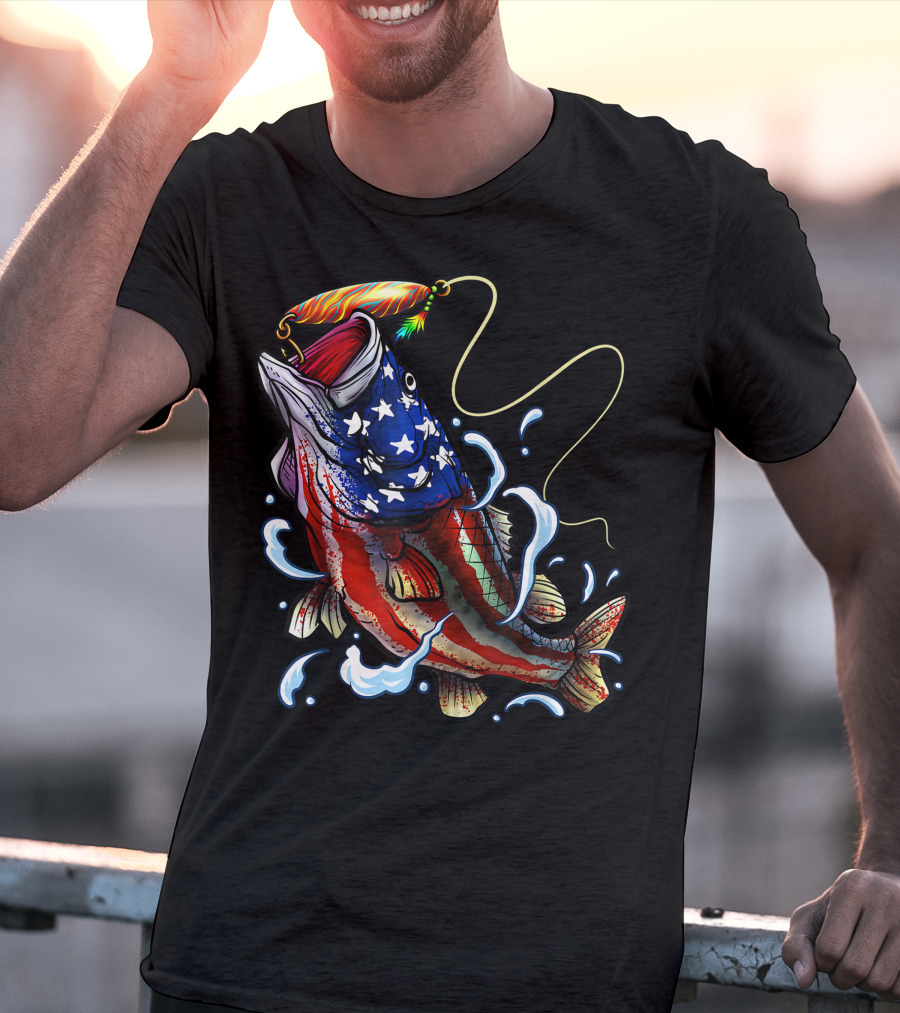 American Flag Bass Fishing Angler Dad Fish T-Shirt