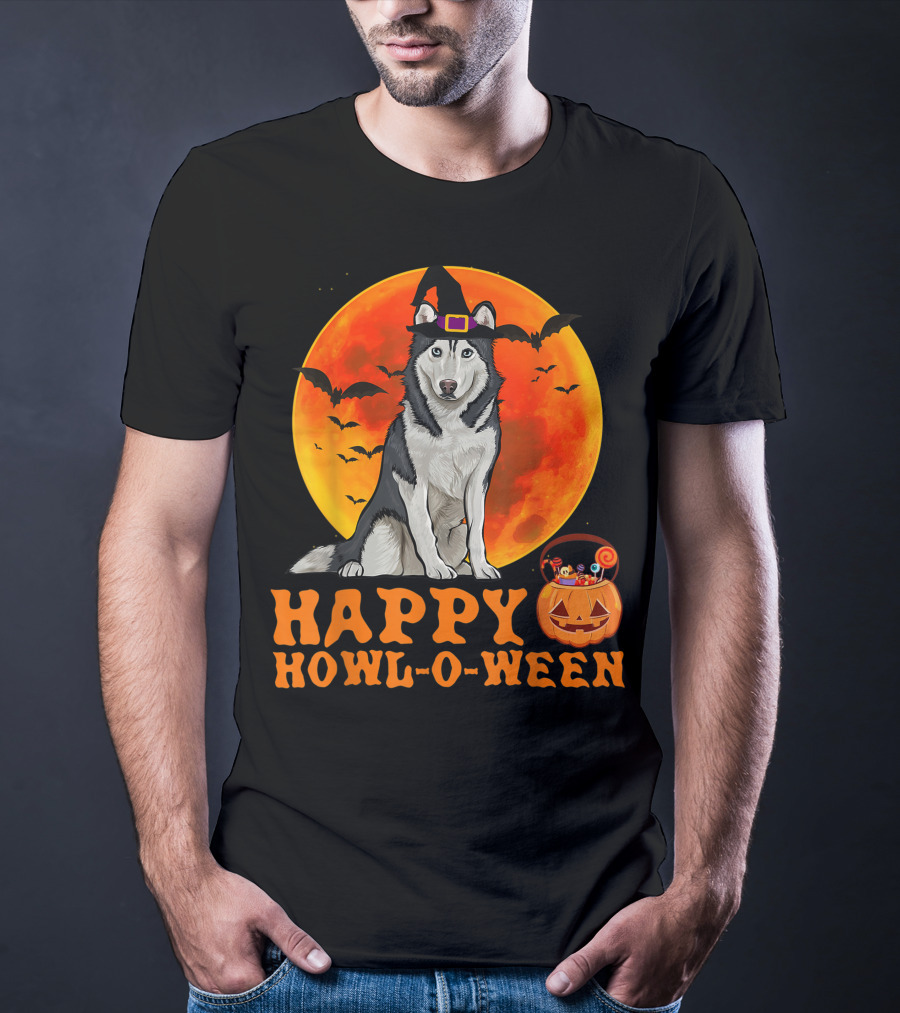 Halloween Siberian Husky Dog Happy Howl-O-Ween Pumpkin Moon Bats T-Shirt