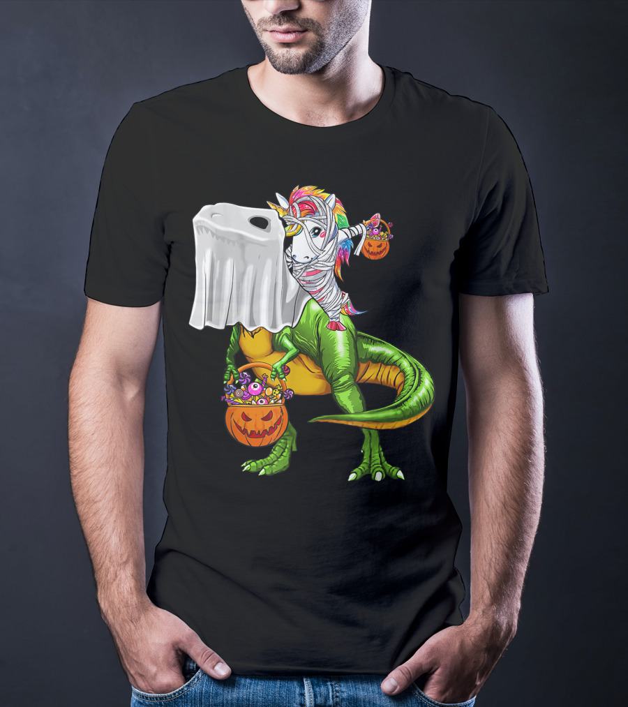 Funny Boo Dinosaur Mummy Unicorn Carrying Pumpkin Halloween T-Shirt