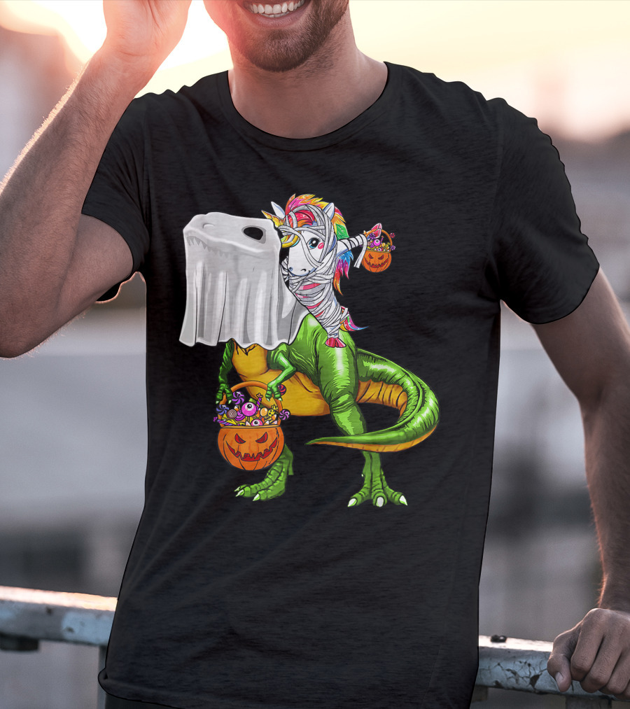 Funny Boo Dinosaur Mummy Unicorn Carrying Pumpkin Halloween T-Shirt
