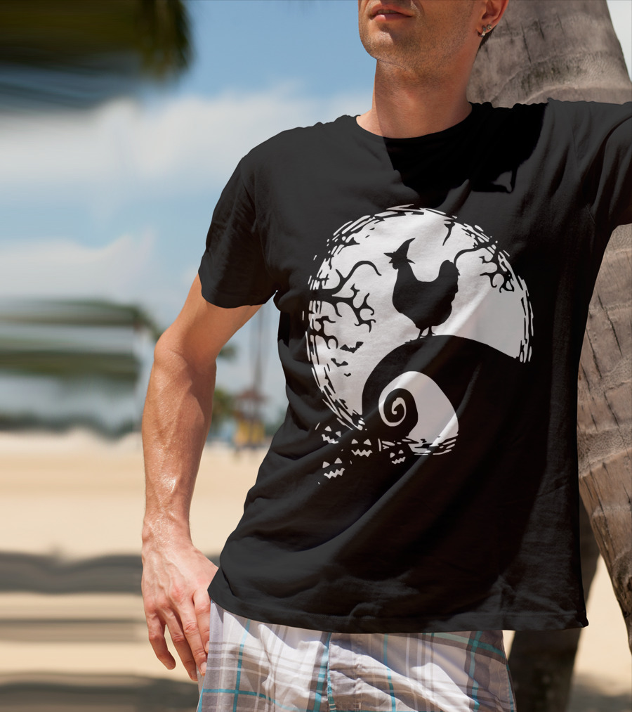 Funny Chicken Halloween Moon Pumpkin Nightmare Hill Scene T-Shirt