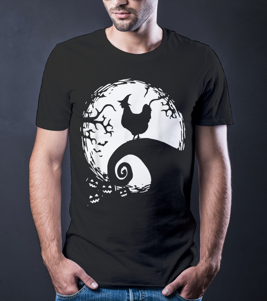 Funny Chicken Halloween Moon Pumpkin Nightmare Hill Scene T-Shirt