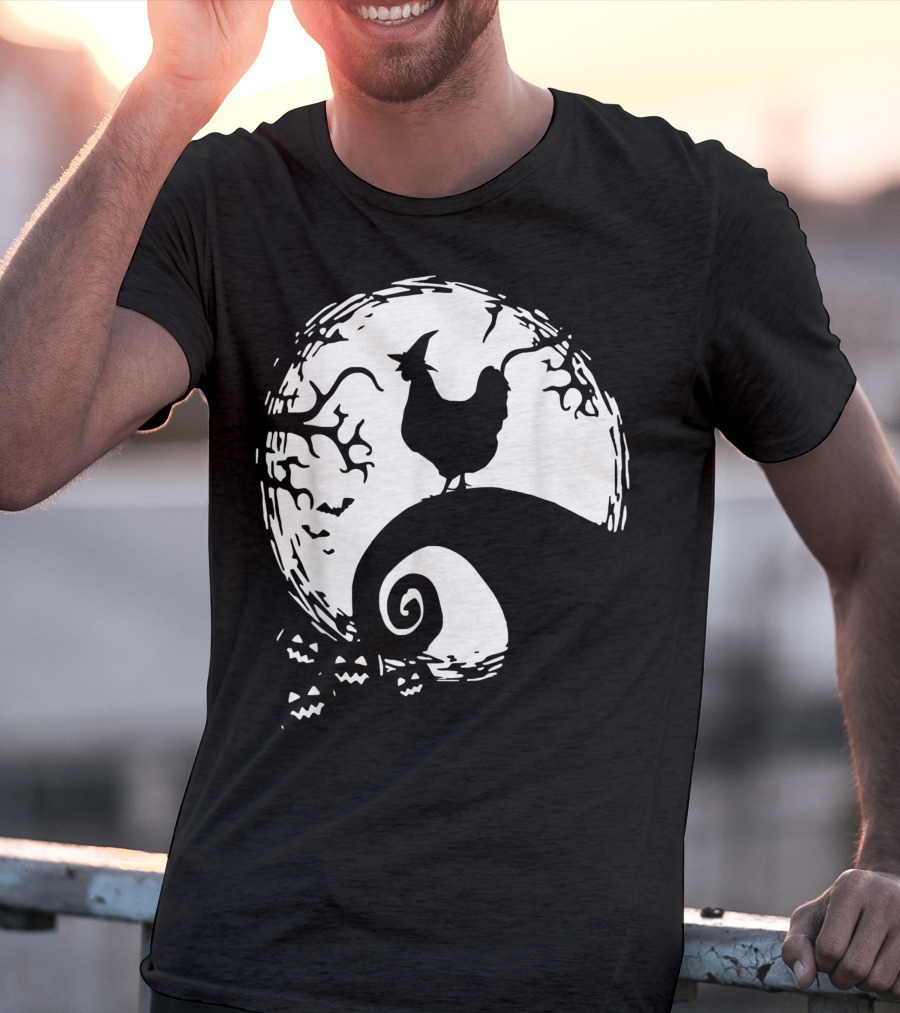 Funny Chicken Halloween Moon Pumpkin Nightmare Hill Scene T-Shirt
