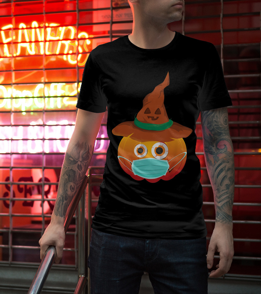 Funny Pumpkin Mask Witch Hat Costume T-Shirt