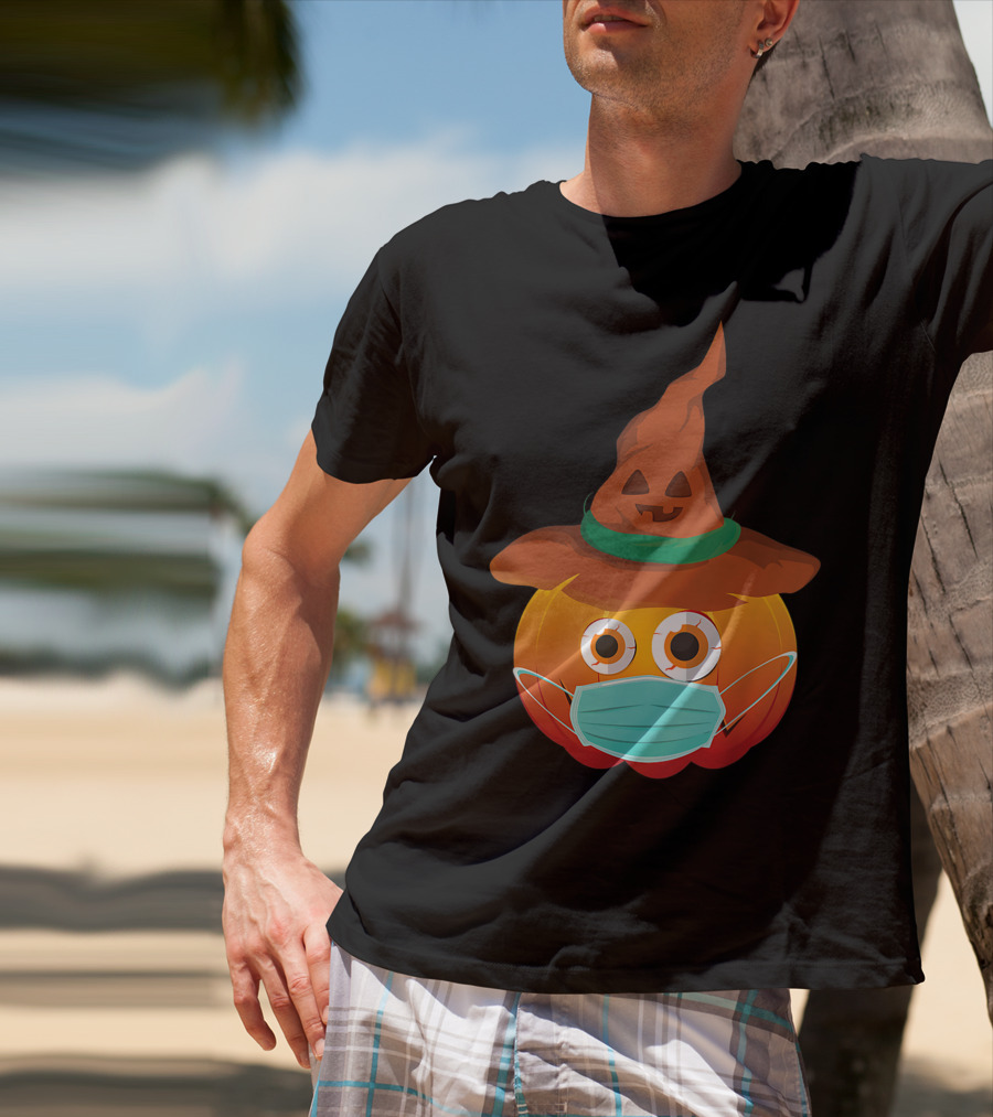 Funny Pumpkin Mask Witch Hat Costume T-Shirt