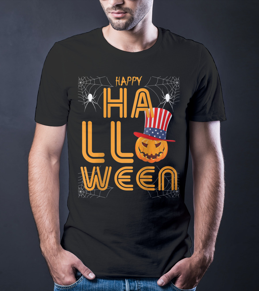 Happy Halloween Funny Orange Pumpkin American Flag Hat With Spider Webs T-Shirt