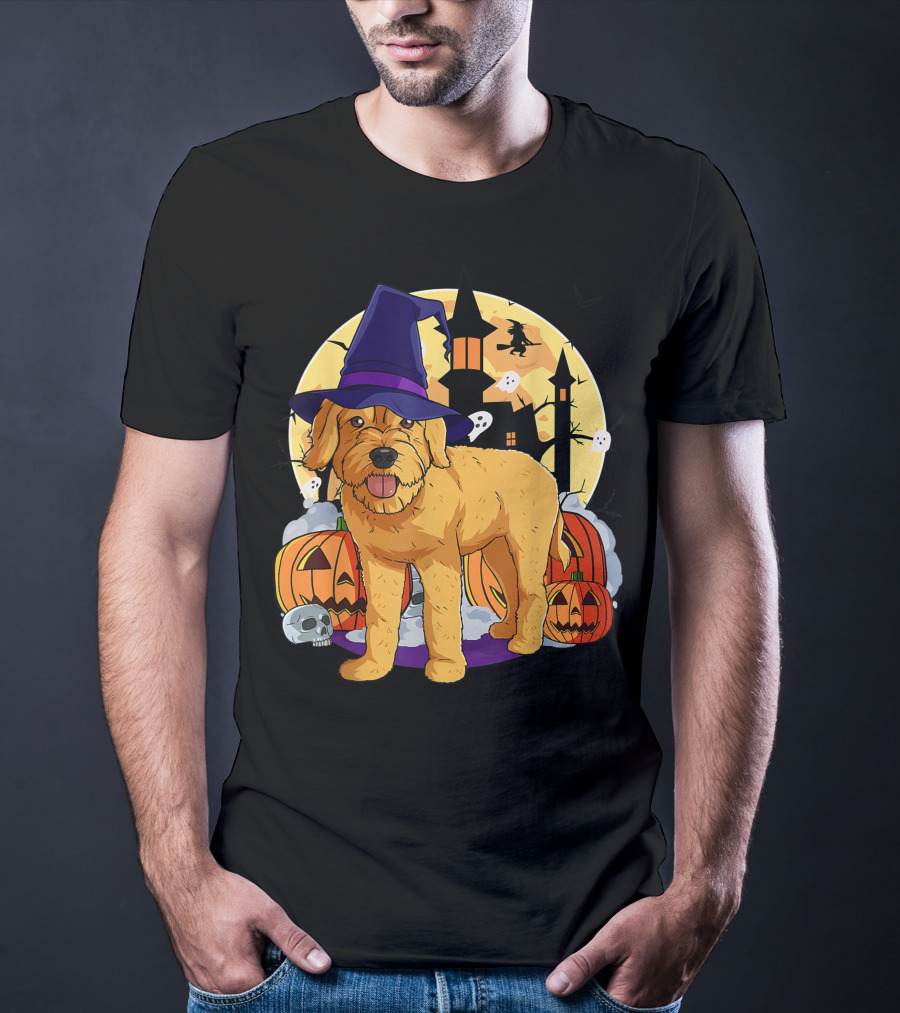 Happy Halloween Goldendoodle Dog Witch Hat Pumpkin Moon Haunted House Ghosts T-Shirt