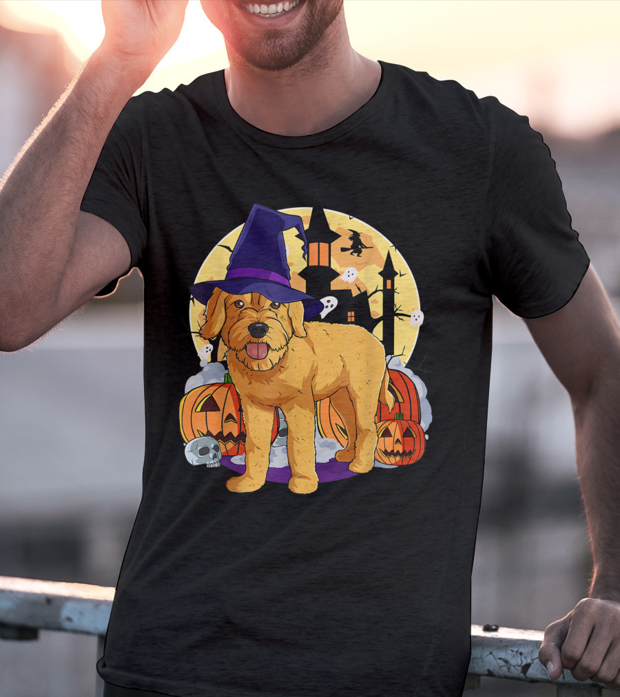 Happy Halloween Goldendoodle Dog Witch Hat Pumpkin Moon Haunted House Ghosts T-Shirt