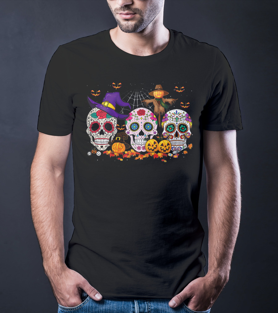 Sugar Skull Funny Halloween Pumpkin Witch Hat Autumn T-Shirt