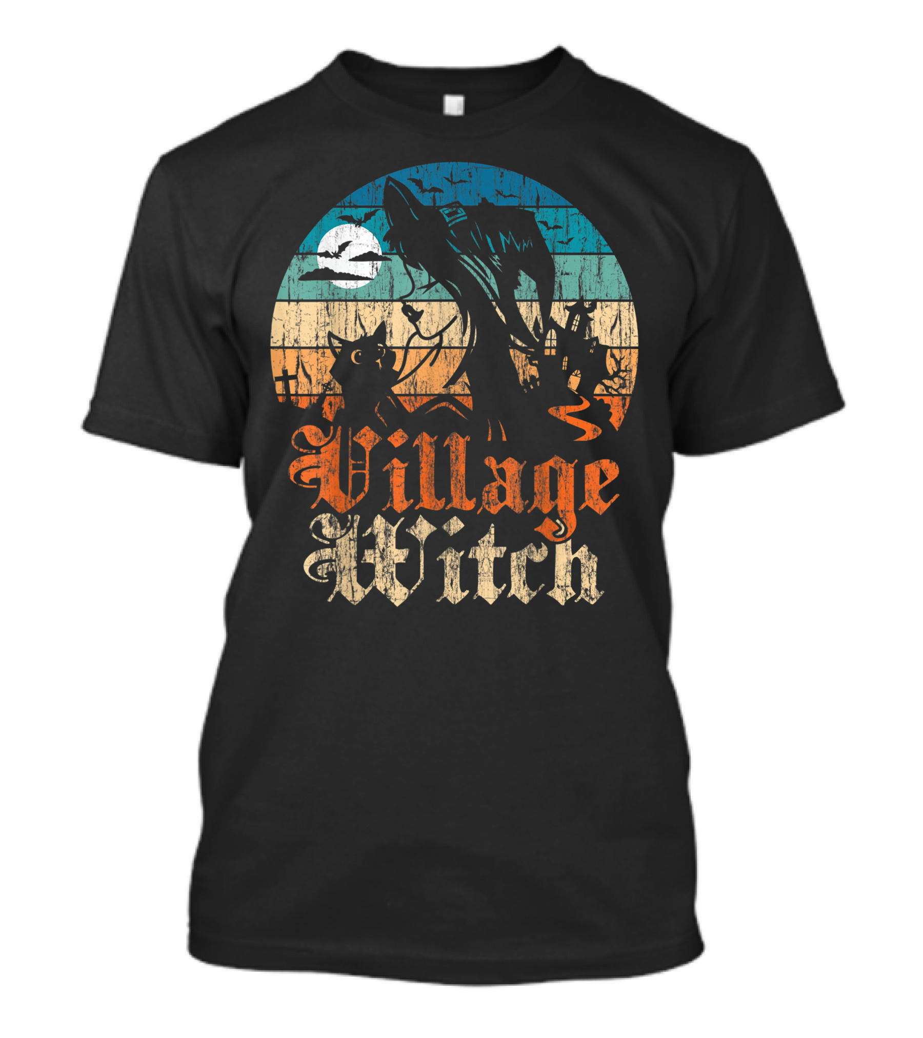 Village Witch Cat Silhouette Moon Sunset T-Shirt