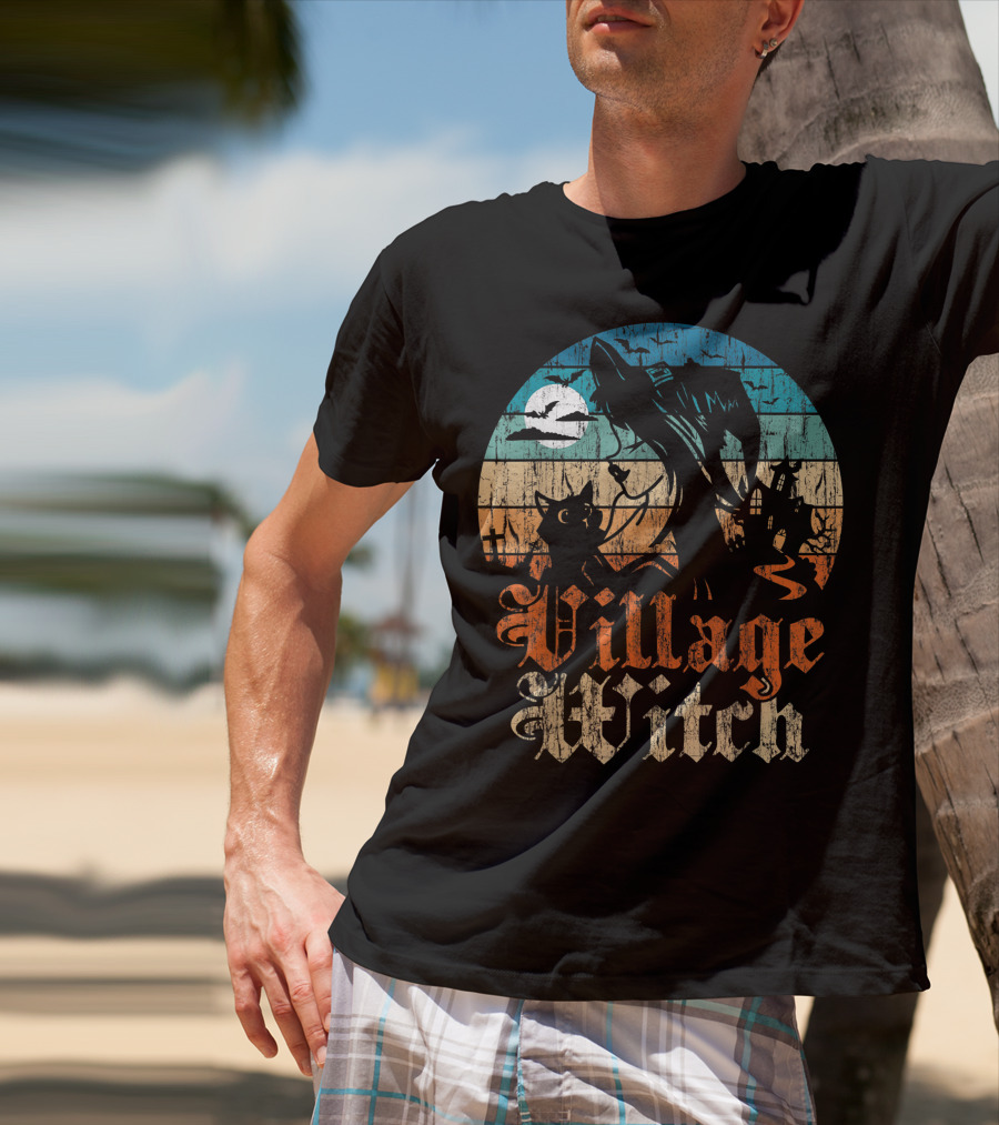 Village Witch Cat Silhouette Moon Sunset T-Shirt
