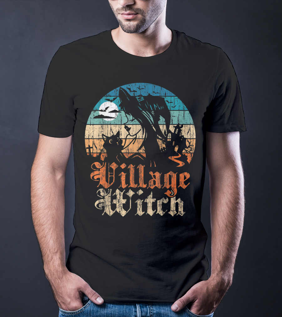 Village Witch Cat Silhouette Moon Sunset T-Shirt