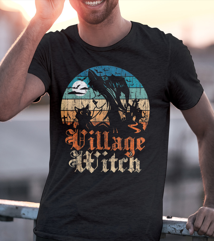 Village Witch Cat Silhouette Moon Sunset T-Shirt
