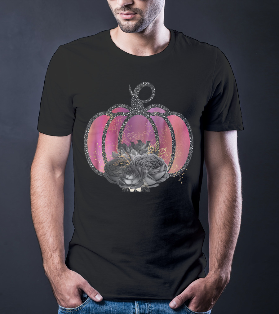 Women Halloween Pumpkin Unique Fall Raglan Baseball With Black Floral Accents T-Shirt