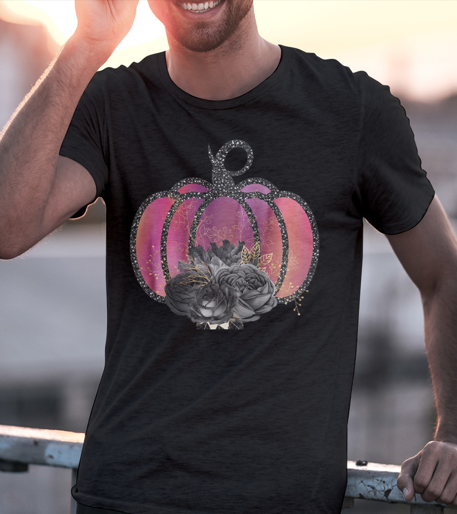Women Halloween Pumpkin Unique Fall Raglan Baseball With Black Floral Accents T-Shirt