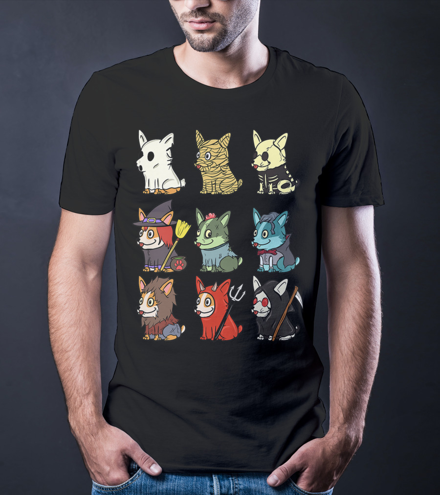 Corgi In Scary Ghost, Mummy, Skeleton, Witch, Zombie, Vampire, Werewolf, Devil, And Grim Reaper Costumes Funny Dog T-Shirt