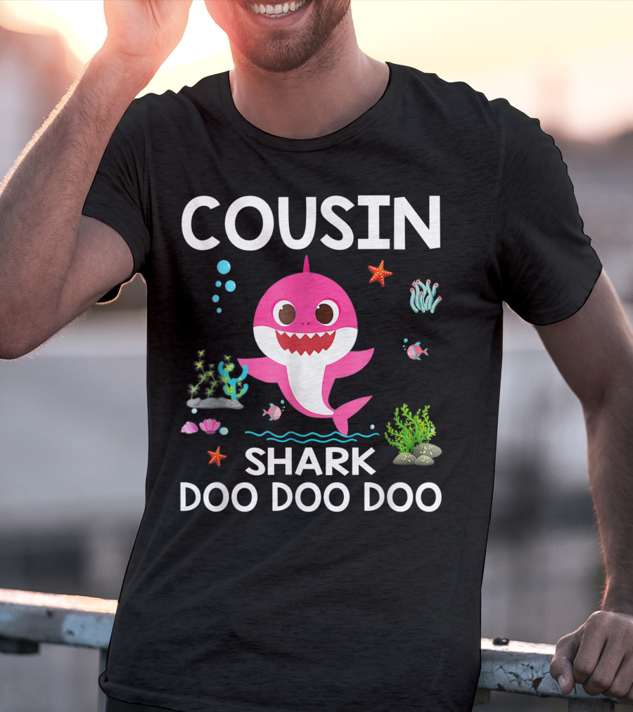 Cousin Shark Doo Doo Doo Funny Cousin Best Birthday With Underwater Sea Creatures And Pink Shark T-Shirt