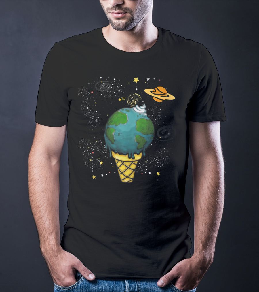 Funny Space Galaxy Earth Saturn Planets In Ice Cream Cone T-Shirt