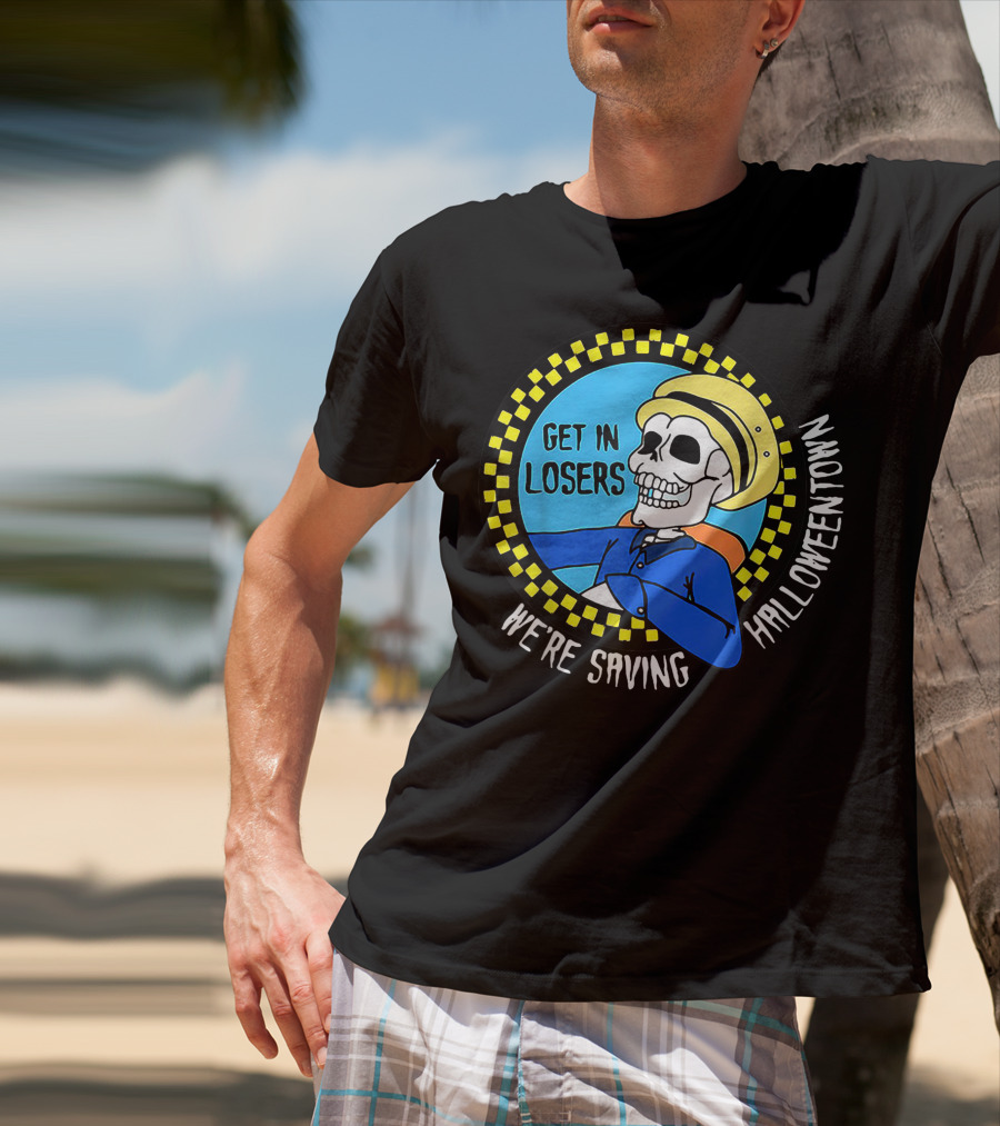 Get In Losers Skull Drive We're Saving Halloween Town Checker Circle Blue Background T-Shirt