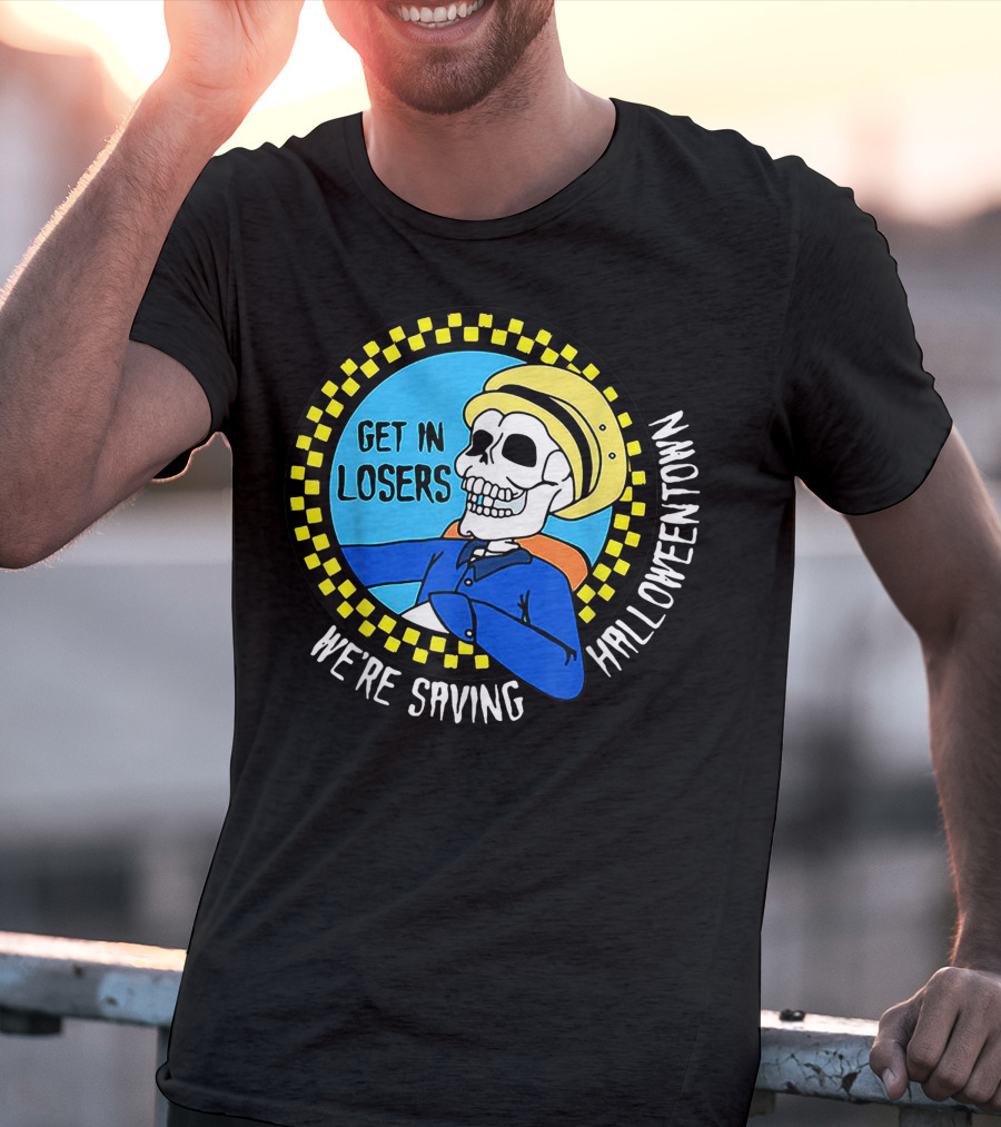 Get In Losers Skull Drive We're Saving Halloween Town Checker Circle Blue Background T-Shirt