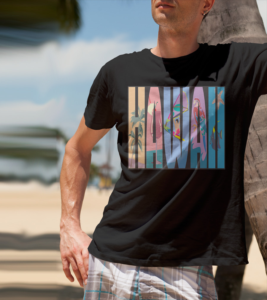 Hawaii Aloha Pearl Island Surf Sand State Floral Fish Tropical Parrot And Starfish T-Shirt