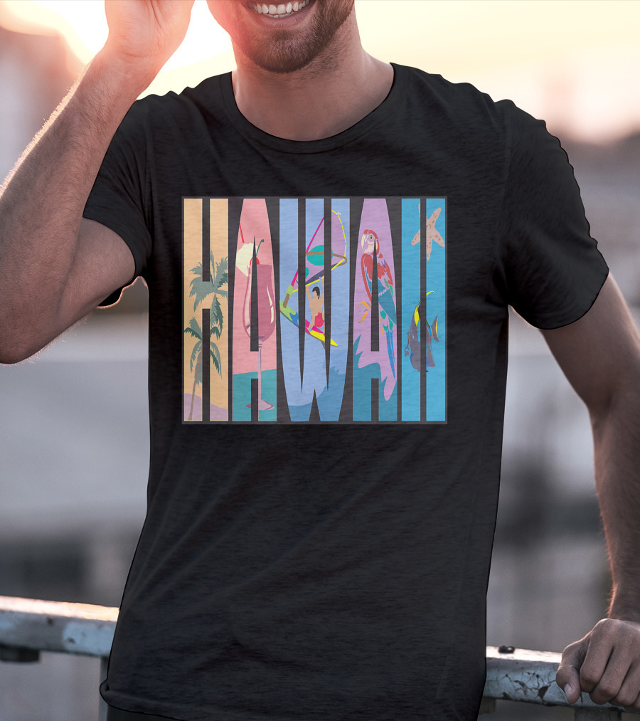 Hawaii Aloha Pearl Island Surf Sand State Floral Fish Tropical Parrot And Starfish T-Shirt
