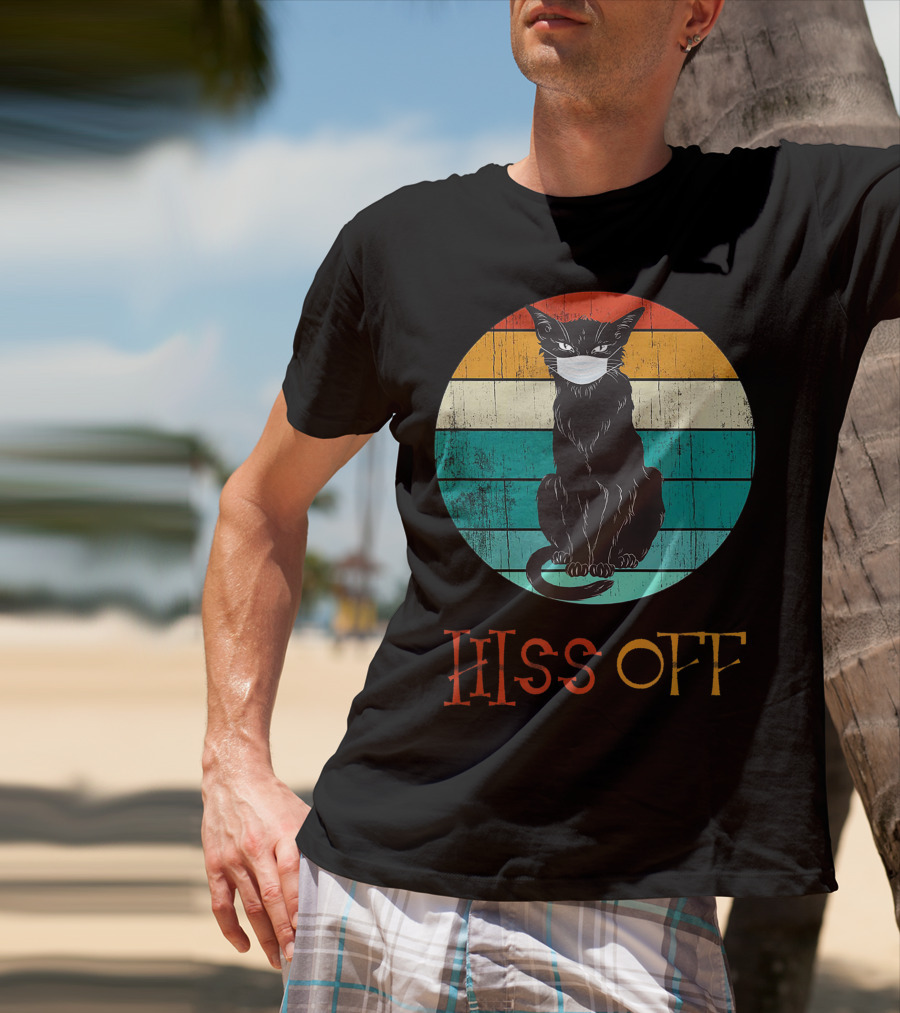 Hiss Off Black Kitty With Mask And Retro Stripes T-Shirt